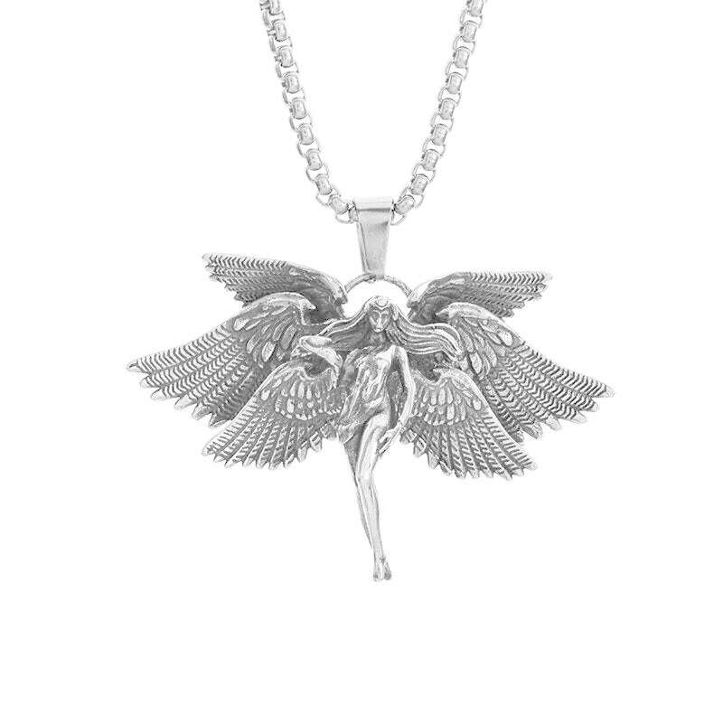 KIMLUD, Stainless Steel Creative Personality Prayer Angel Pendant Necklace Men and Women Fashion Trend Hip Hop Punk Accessories Jewelry, AL19398-Silver, KIMLUD APPAREL - Womens Clothes