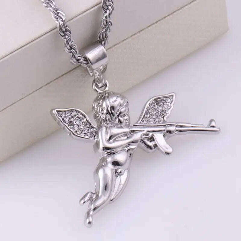 KIMLUD, Stainless Steel Creative Personality Prayer Angel Pendant Necklace Men and Women Fashion Trend Hip Hop Punk Accessories Jewelry, AL2496-silver, KIMLUD APPAREL - Womens Clothes