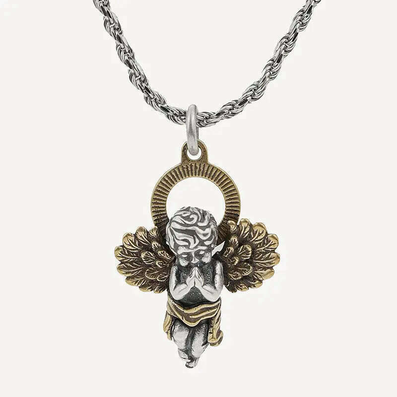 KIMLUD, Stainless Steel Creative Personality Prayer Angel Pendant Necklace Men and Women Fashion Trend Hip Hop Punk Accessories Jewelry, AL7017, KIMLUD APPAREL - Womens Clothes