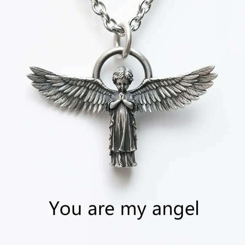 KIMLUD, Stainless Steel Creative Personality Prayer Angel Pendant Necklace Men and Women Fashion Trend Hip Hop Punk Accessories Jewelry, AL12818, KIMLUD APPAREL - Womens Clothes