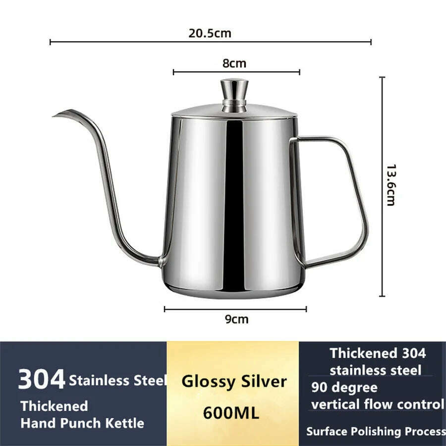 KIMLUD, Stainless Steel Hand Brewing Pot, Coffee Lug, Filter Cup, Long Spout, Fine Mouth Pot, Home Coffee Utensils, 600ML, KIMLUD APPAREL - Womens Clothes