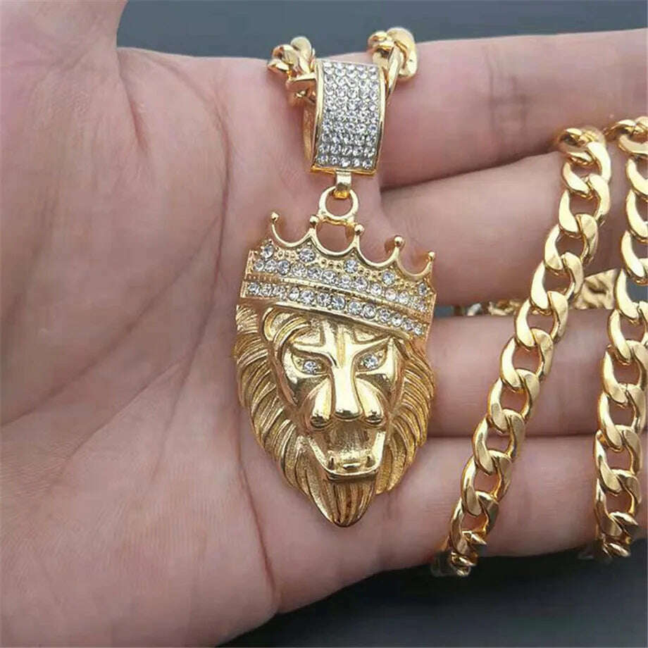 Stainless Steel Lion Chain Head Pendant Iced Out Bling Crown Gold Animal Lion Necklace for Men/Women Hip Hop Jewelry Dropship - KIMLUD