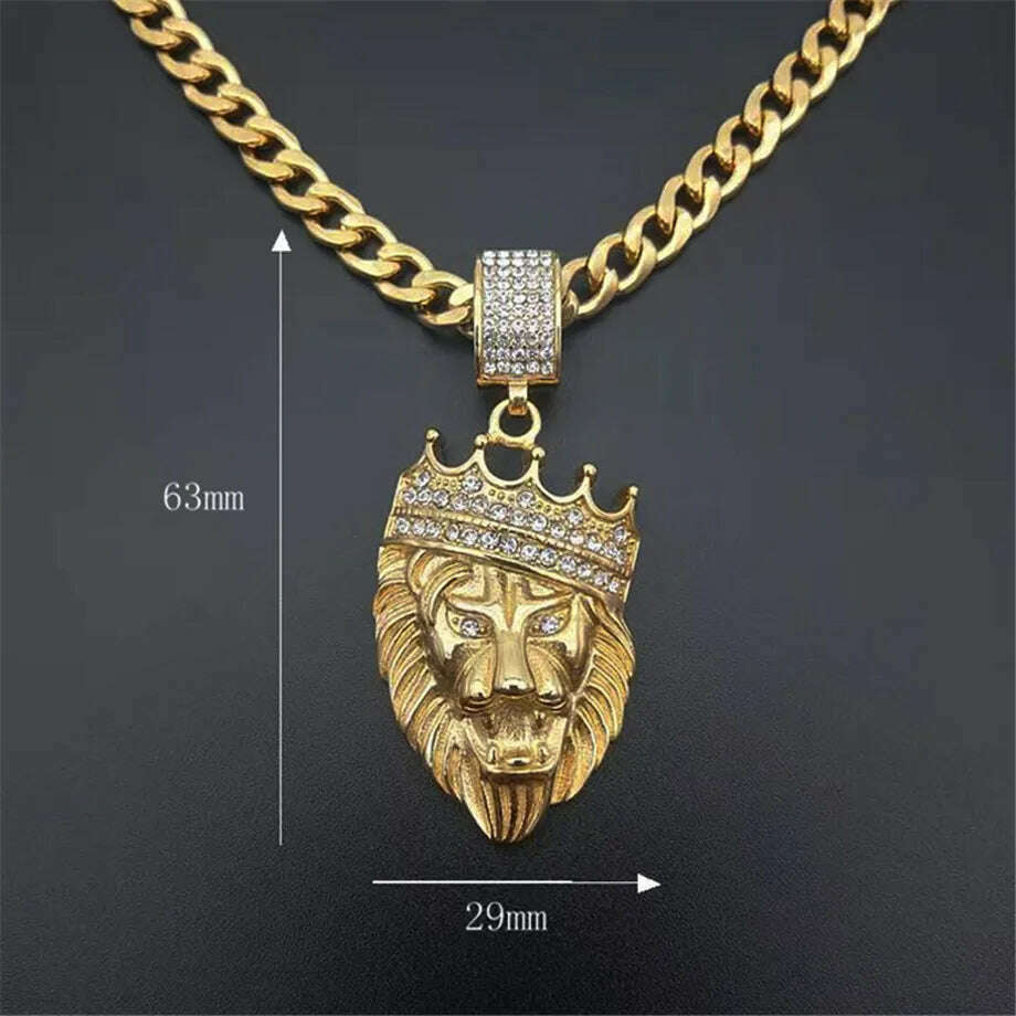 Stainless Steel Lion Chain Head Pendant Iced Out Bling Crown Gold Animal Lion Necklace for Men/Women Hip Hop Jewelry Dropship - KIMLUD