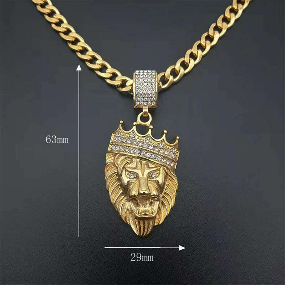 KIMLUD, Stainless Steel Lion Chain Head Pendant Iced Out Bling Crown Gold Animal Lion Necklace for Men/Women Hip Hop Jewelry Dropship, Gold Color / 48cm, KIMLUD APPAREL - Womens Clothes