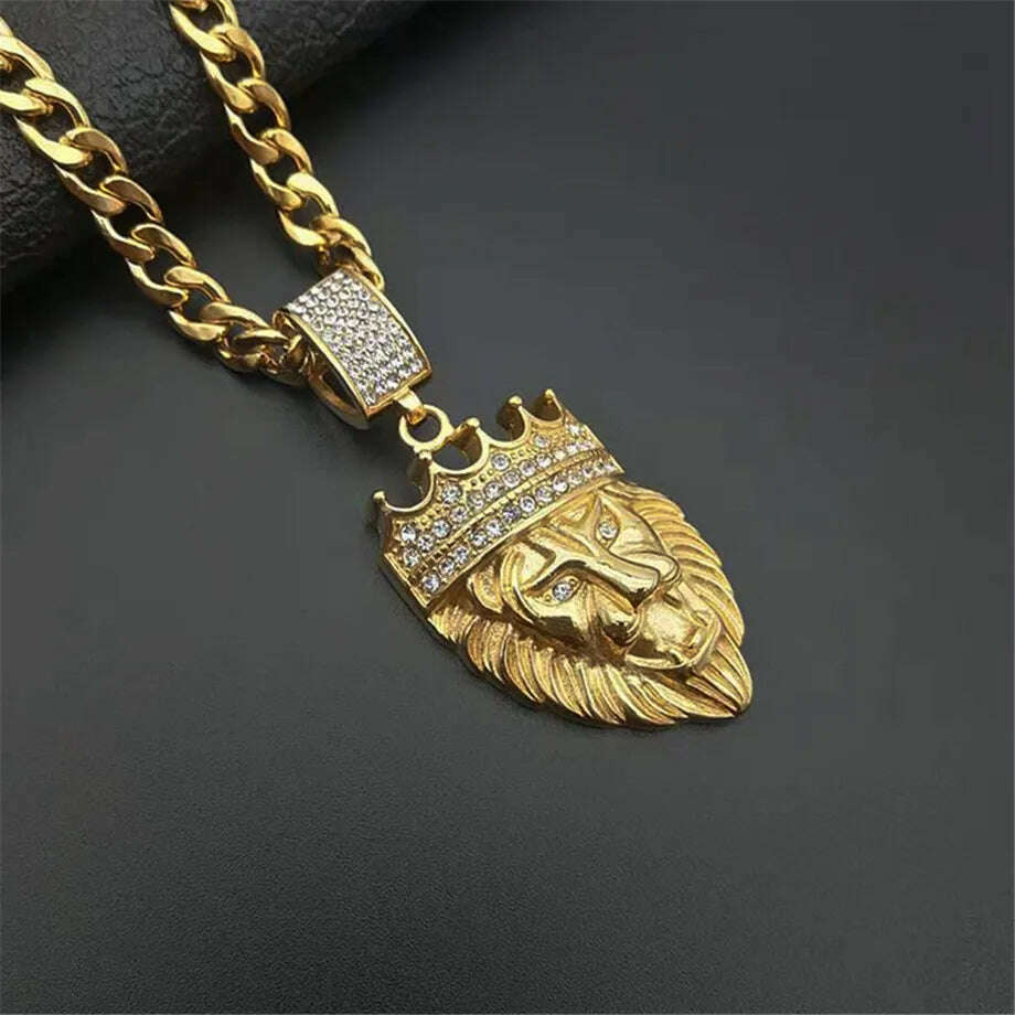 KIMLUD, Stainless Steel Lion Chain Head Pendant Iced Out Bling Crown Gold Animal Lion Necklace for Men/Women Hip Hop Jewelry Dropship, KIMLUD Womens Clothes