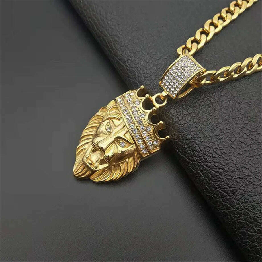 Stainless Steel Lion Chain Head Pendant Iced Out Bling Crown Gold Animal Lion Necklace for Men/Women Hip Hop Jewelry Dropship - KIMLUD