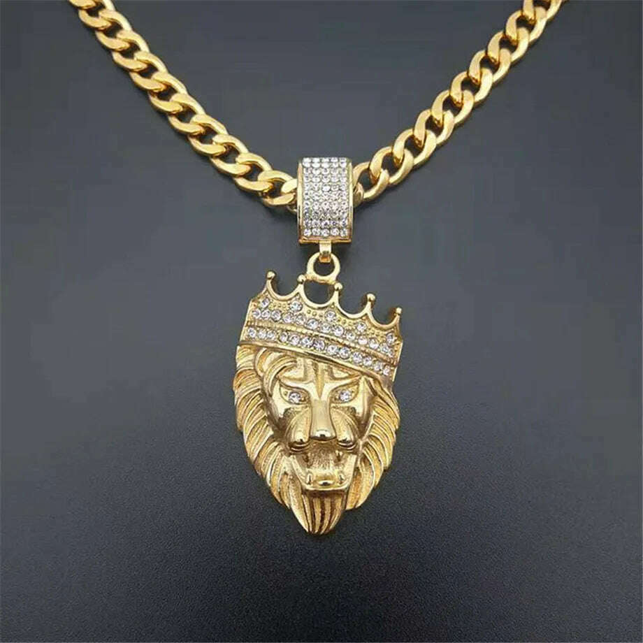 Stainless Steel Lion Chain Head Pendant Iced Out Bling Crown Gold Animal Lion Necklace for Men/Women Hip Hop Jewelry Dropship - KIMLUD