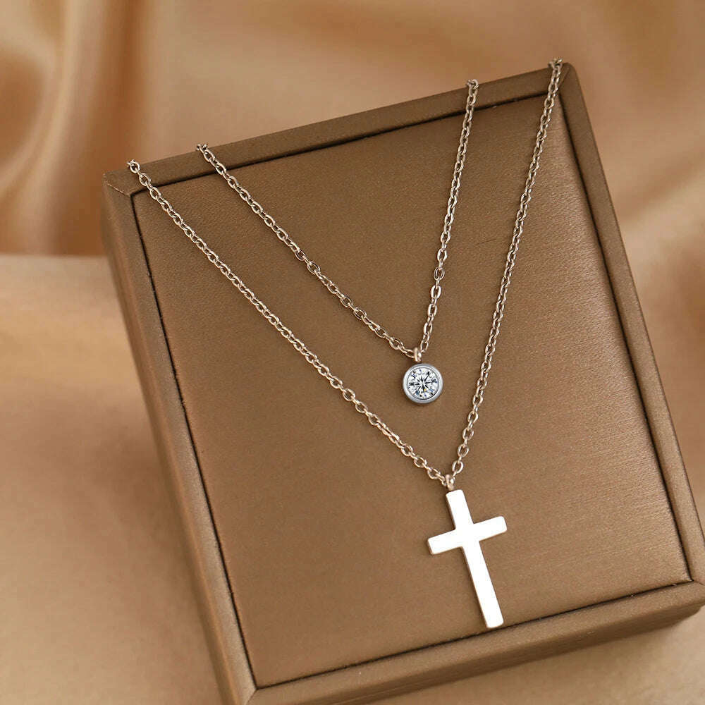 KIMLUD, Stainless Steel Necklaces Prayer Baptism Gothic Cross Pendant Streetwear Male Layer Chain Grunge Necklace For Women Jewelry Gift, N9790, KIMLUD APPAREL - Womens Clothes