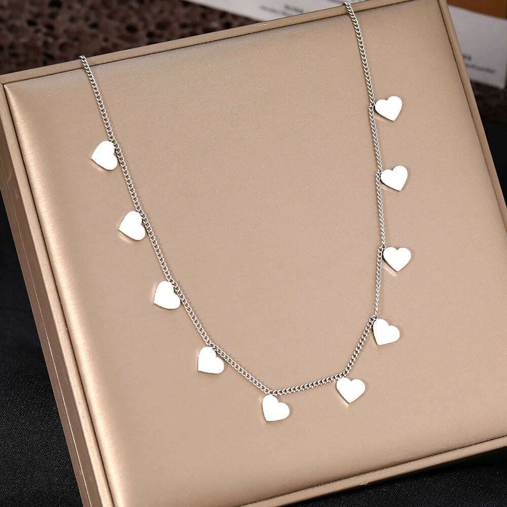 KIMLUD, Stainless Steel Necklaces Sweet Hearts Mini Pendants Temperament Female Chain Kpop Choker Trendy Necklace For Women Jewelry Gift, Silver Color, KIMLUD APPAREL - Womens Clothes