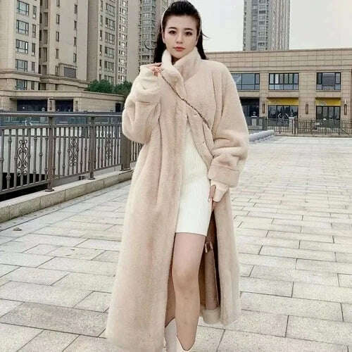 KIMLUD, Stand Collar Long Sleeve Women's European Mink Mid-Length Coat Casual Trend Fashionable Jacket Winter Long Solid Color Overcoat, Beige / One Size, KIMLUD APPAREL - Womens Clothes