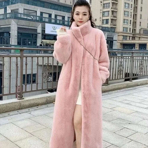 KIMLUD, Stand Collar Long Sleeve Women's European Mink Mid-Length Coat Casual Trend Fashionable Jacket Winter Long Solid Color Overcoat, Pink / One Size, KIMLUD APPAREL - Womens Clothes