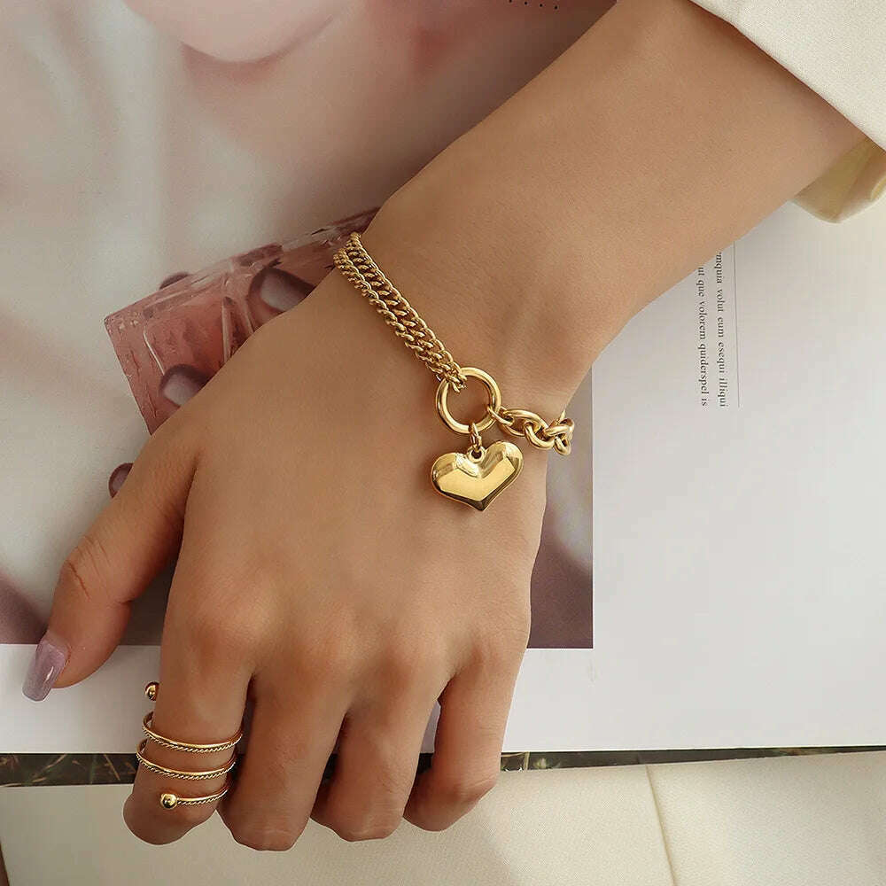 KIMLUD, Statement Heart Pendant Bracelet Stainless Steel Gold color Jewelry Fashion Metal Texture Bracelet Accessories 2023, KIMLUD Womens Clothes