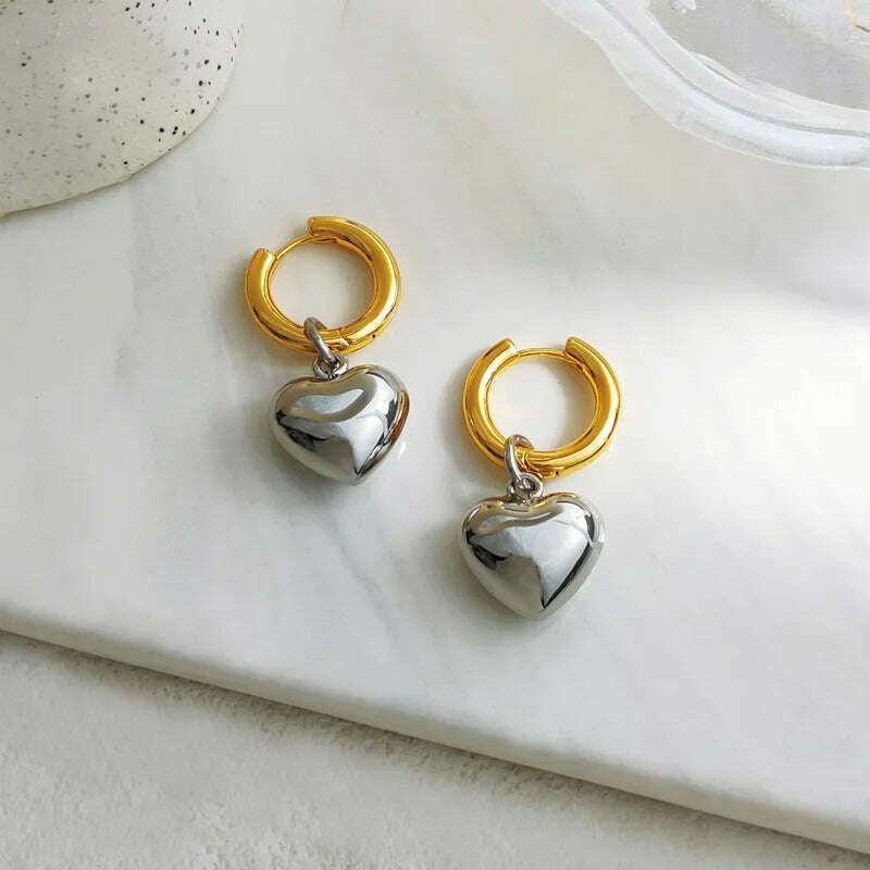 KIMLUD, Statement Minimalist Gold Silver Color Mixed Solid Heart Pendant Hoop Earrings Street Style Korean Fashion Jewelry, KIMLUD Womens Clothes