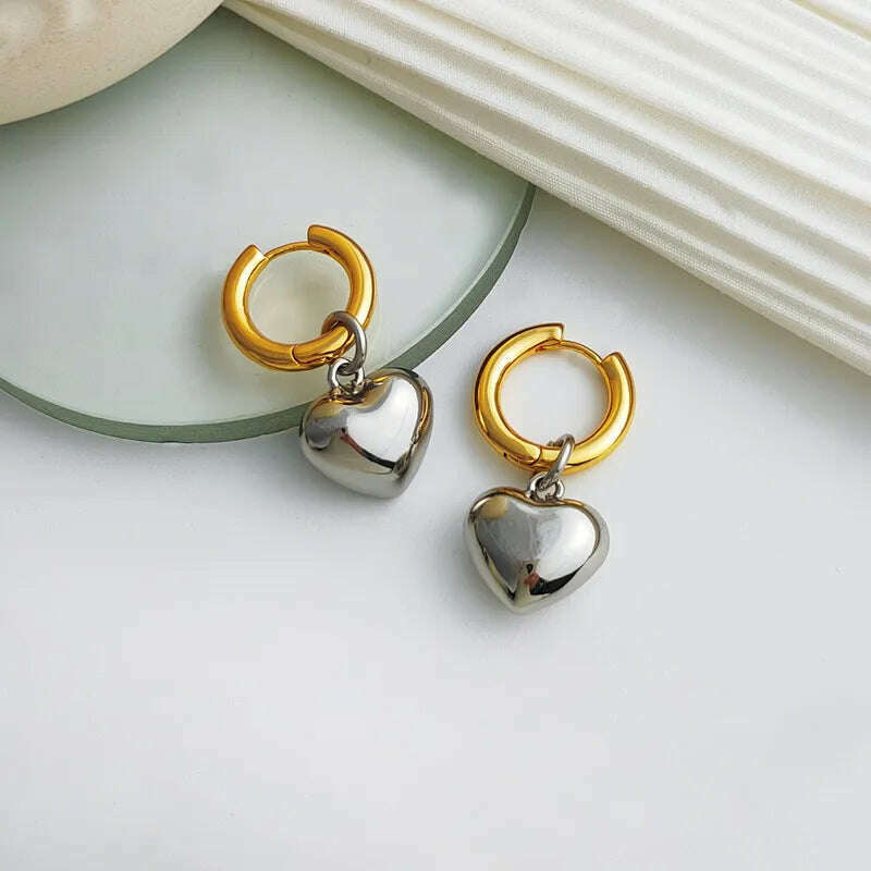 KIMLUD, Statement Minimalist Gold Silver Color Mixed Solid Heart Pendant Hoop Earrings Street Style Korean Fashion Jewelry, KIMLUD Womens Clothes