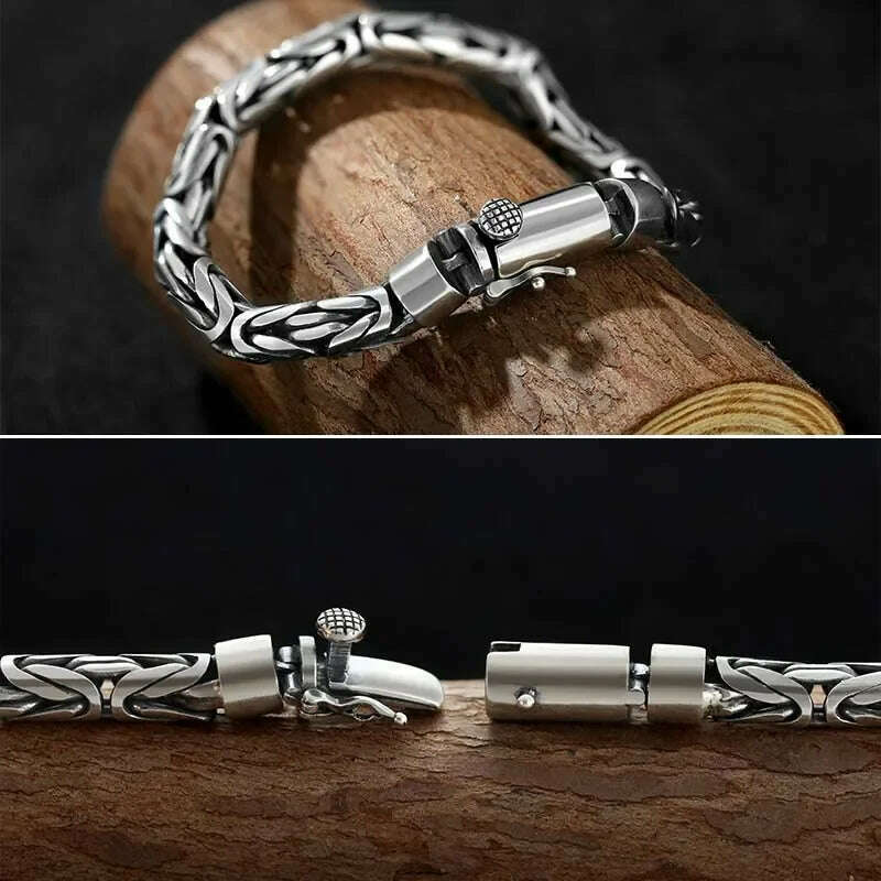 Sterling Silver 925 Viking Bracelet for Men Handmade Peace Pattern Thick Safe Toggle Buckle Hand-woven Chain - KIMLUD