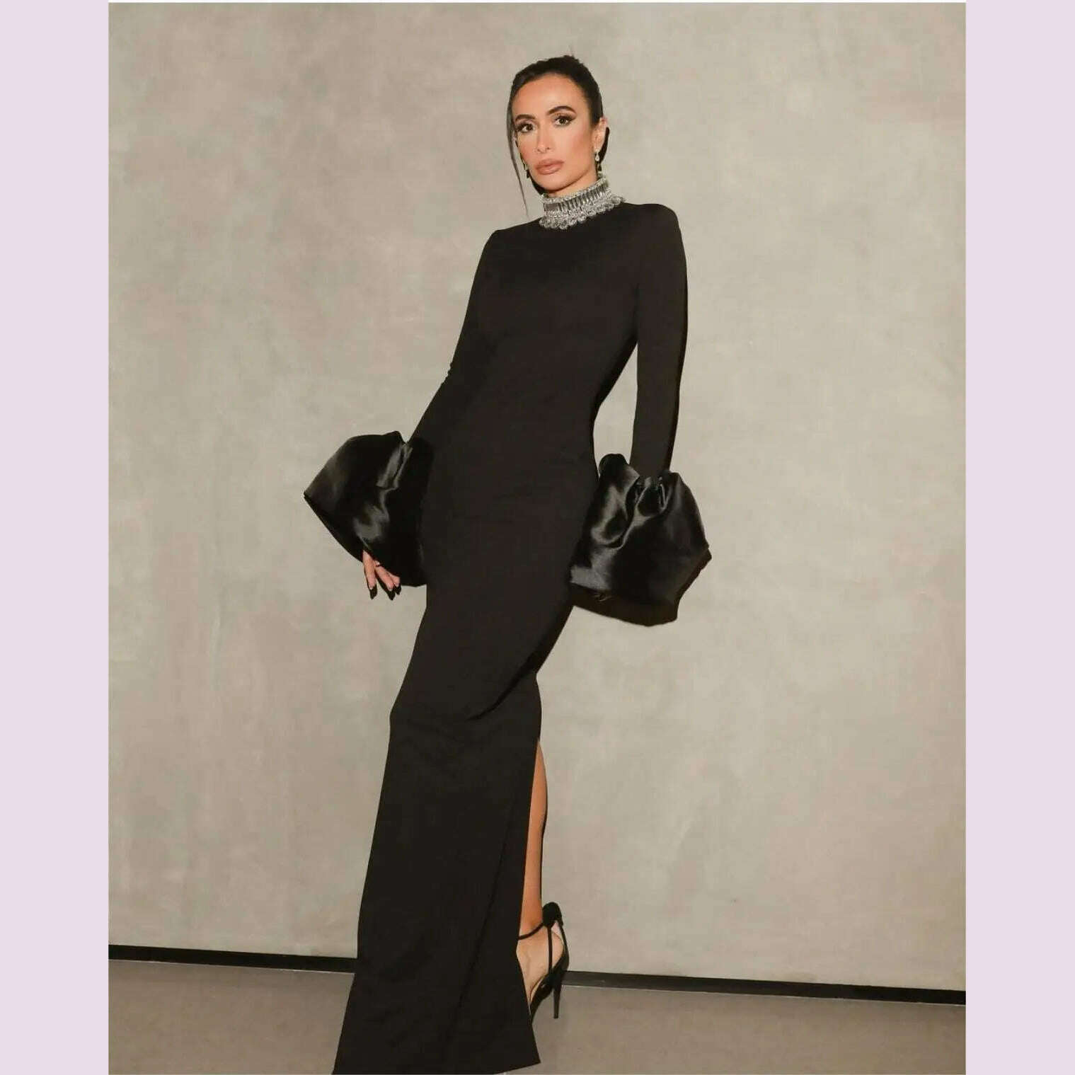 STOCK Shining Diamonds Neck Flare Sleeve Black Long Bandage Dress Elegant Woman Evening Party Dress Cocktail Party Outfit - KIMLUD