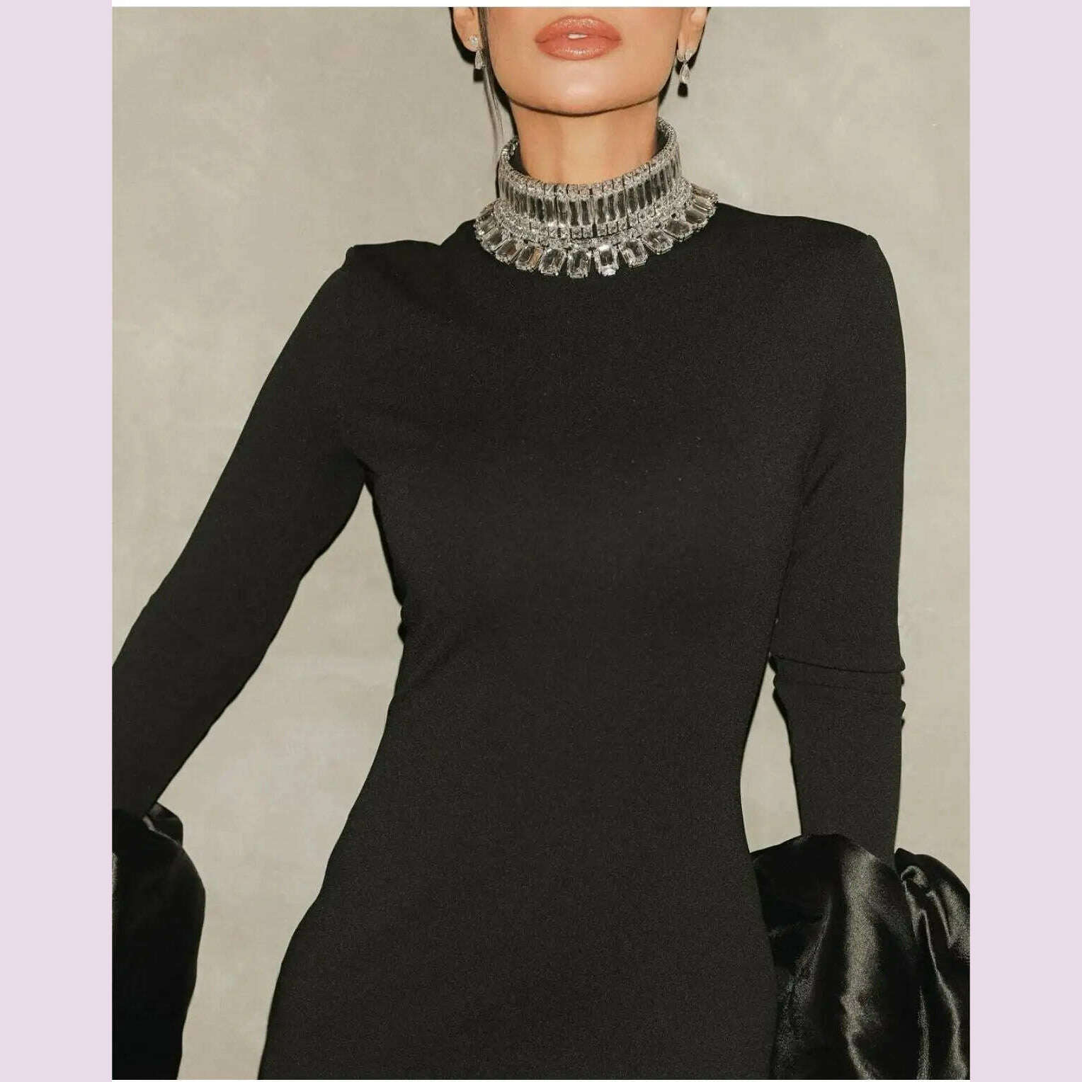 STOCK Shining Diamonds Neck Flare Sleeve Black Long Bandage Dress Elegant Woman Evening Party Dress Cocktail Party Outfit - KIMLUD