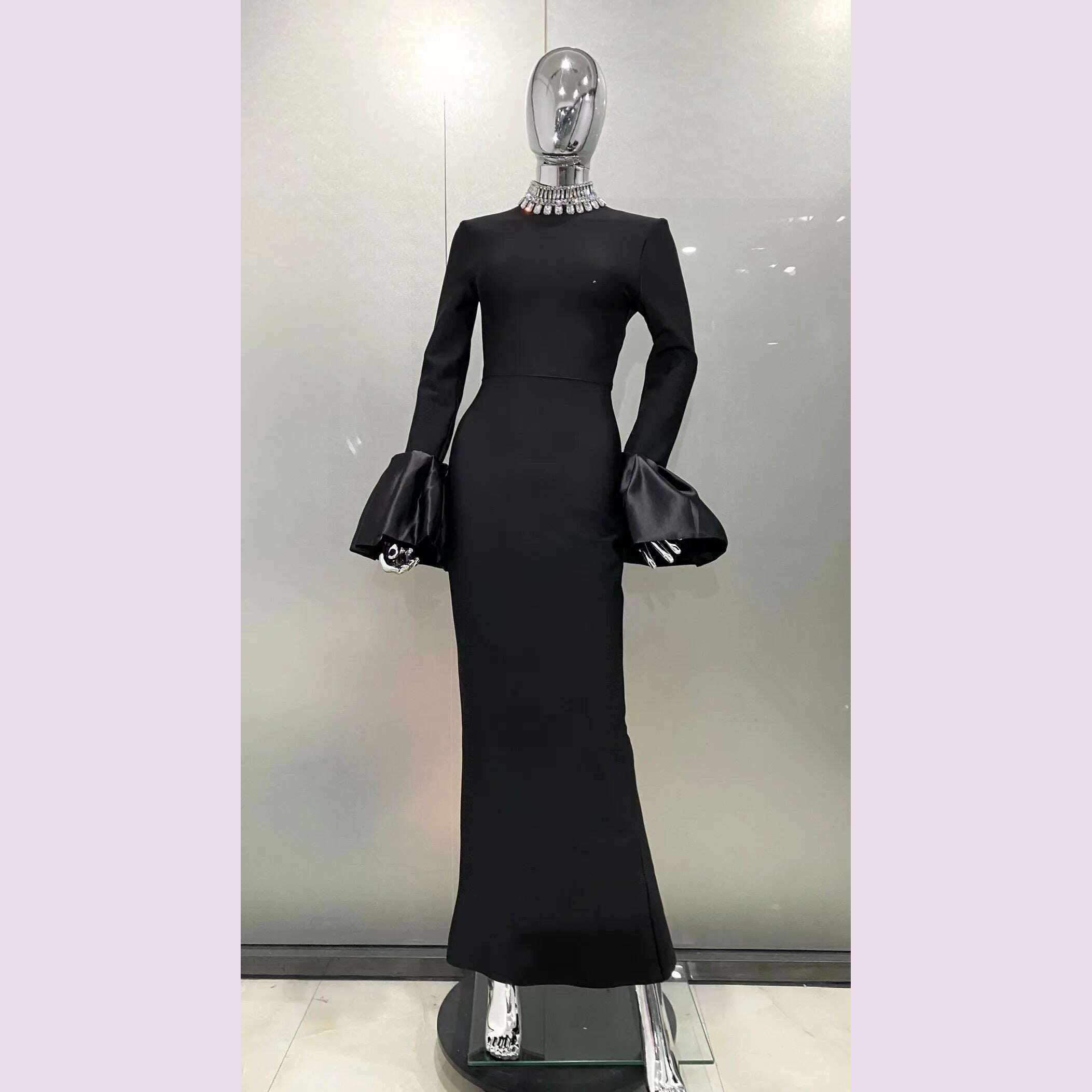 STOCK Shining Diamonds Neck Flare Sleeve Black Long Bandage Dress Elegant Woman Evening Party Dress Cocktail Party Outfit - KIMLUD