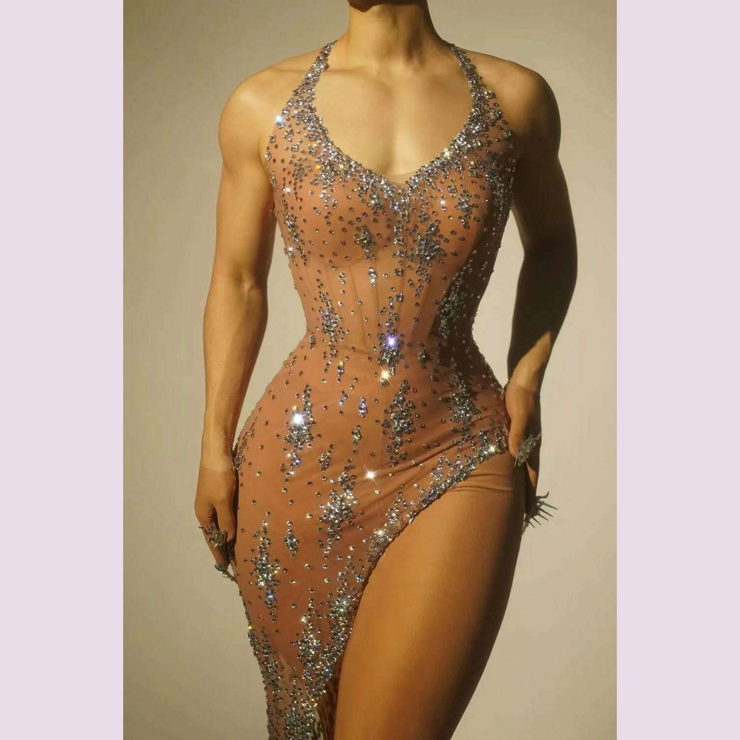 Stock Sparkly Rhinestone Evening Dress Women Celebrity Birthday Wear Sexy See Through Mesh Photo Shoot Stage performance Costume - KIMLUD