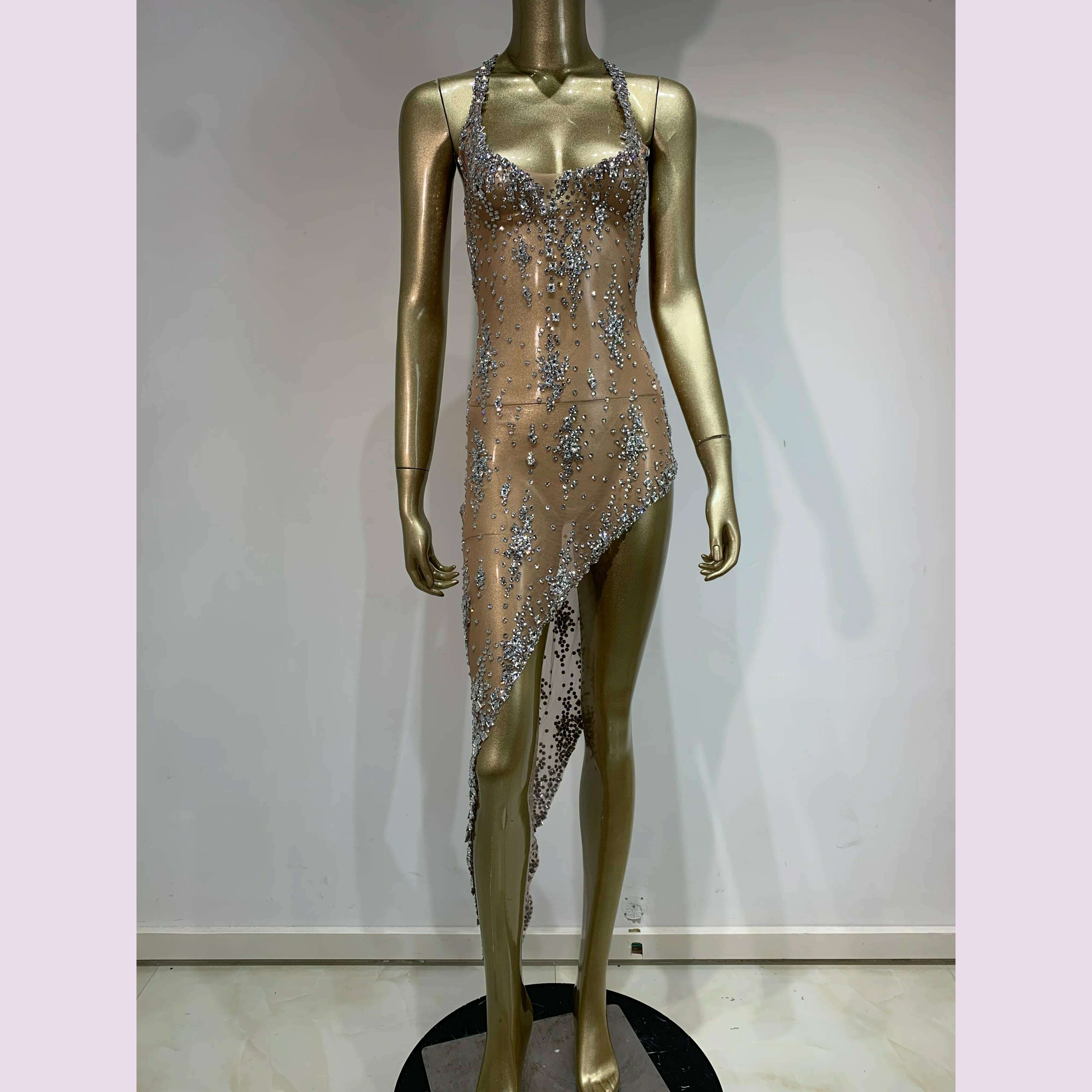 Stock Sparkly Rhinestone Evening Dress Women Celebrity Birthday Wear Sexy See Through Mesh Photo Shoot Stage performance Costume - KIMLUD