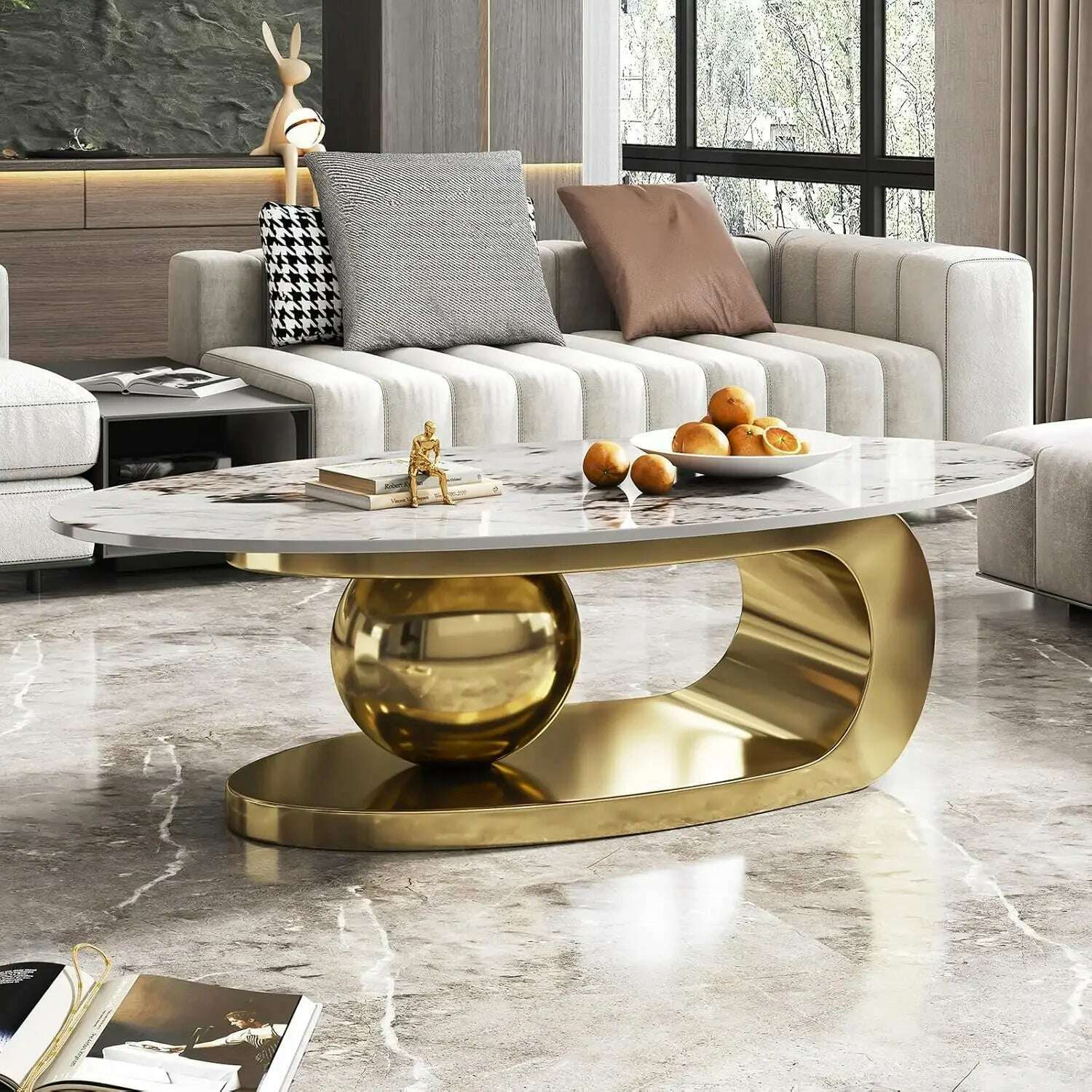 Stone Coffee Table with Abstract Gold Metal Base - Perfect Centerpiece for Stylish Living Rooms-Gold,51" Lx28 Wx16.5 - KIMLUD