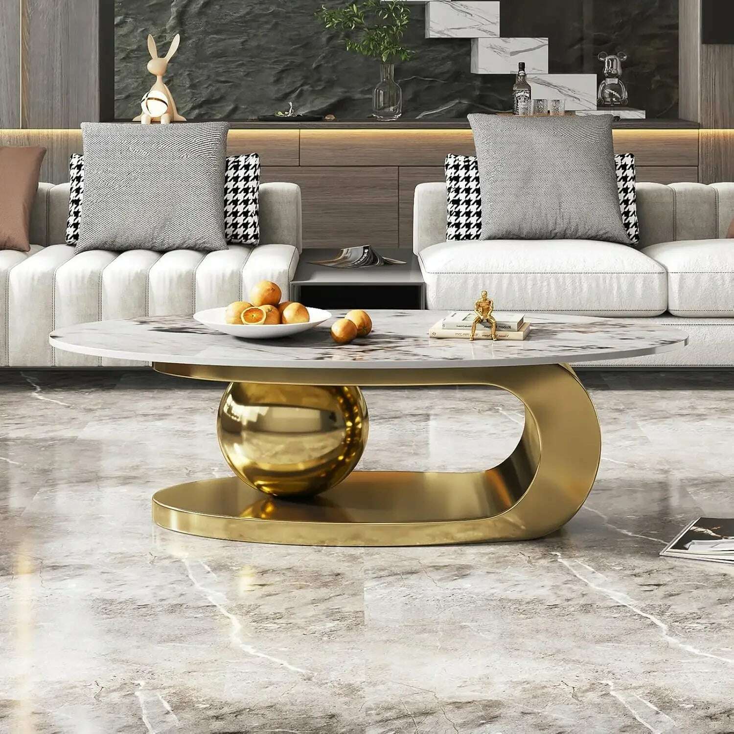 Stone Coffee Table with Abstract Gold Metal Base - Perfect Centerpiece for Stylish Living Rooms-Gold,51" Lx28 Wx16.5 - KIMLUD