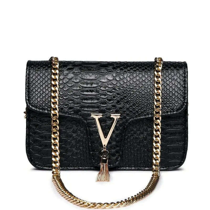 KIMLUD, Stone Pattern Handbag Crocodile Leather Crossbody Bags For Women 2023 Luxury Brand Shoulder Messenger Bags Female Chain Handbags, black, KIMLUD APPAREL - Womens Clothes