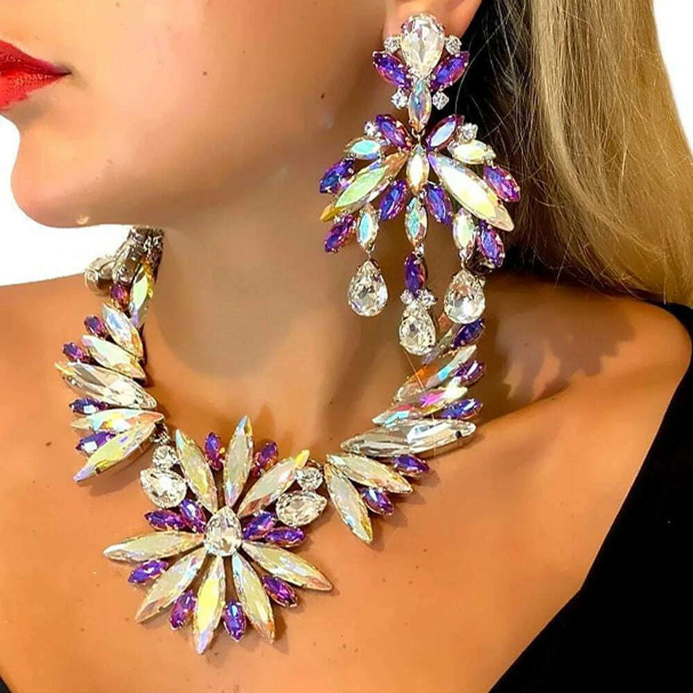 KIMLUD, Stonefans Exaggerated Flowers Necklace Earrings Set for Women Summer Party Statement Rhinestones Jewelry Set 2023 Accessories, Gold-color / CHINA, KIMLUD APPAREL - Womens Clothes