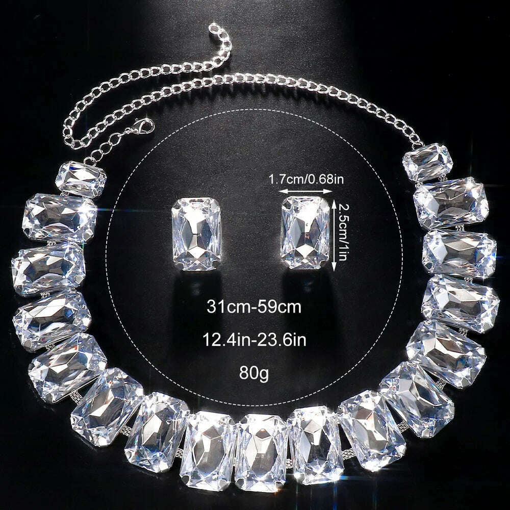 KIMLUD, Stonefans Exaggerated Square Rhinestone Choker Necklace Set Trend 2023 Big Crystal Stud Earrings Women Jewelry Set, KIMLUD Womens Clothes