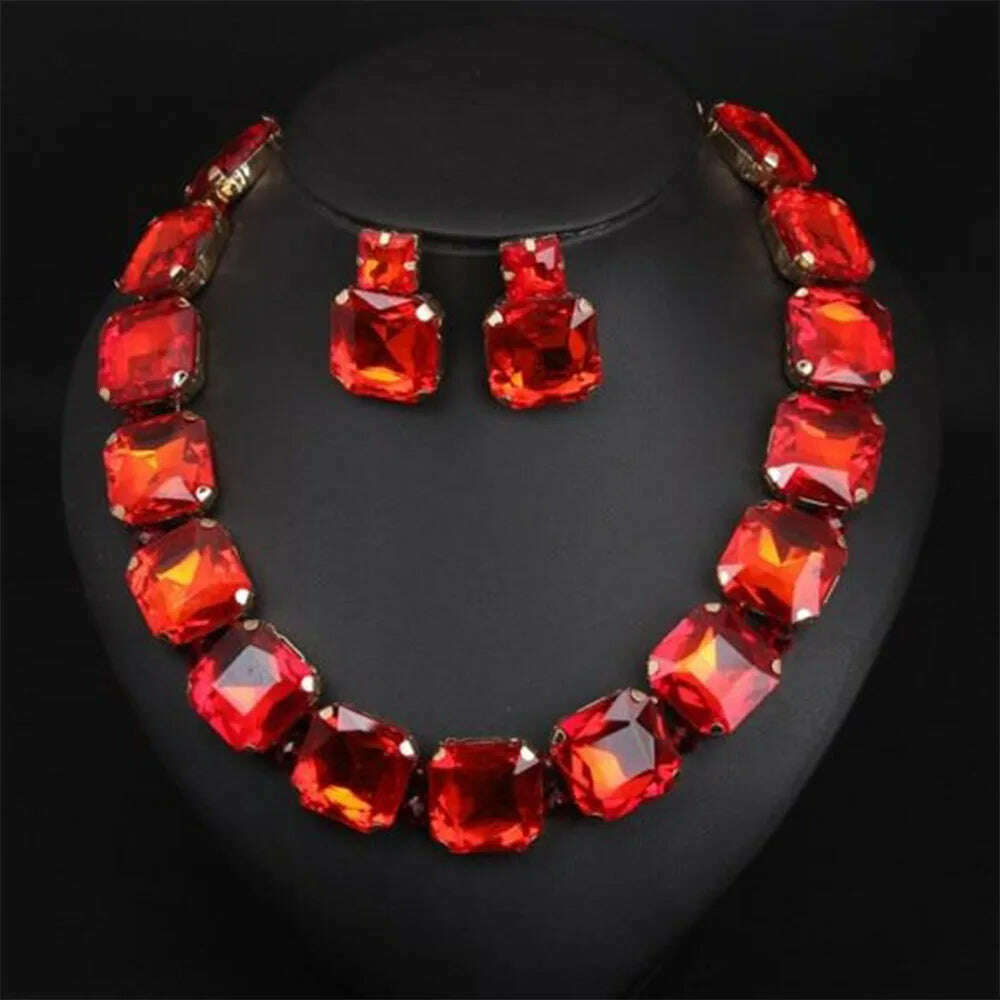 Stonefans Fashion Square Crystal Necklace Set for Women Shiny Red Rhinestone Stud Earrings Bridal Wedding Jewelry Set - KIMLUD