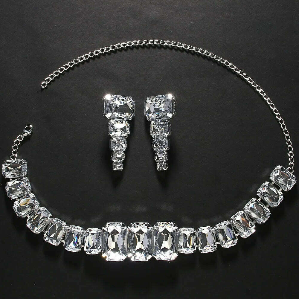 KIMLUD, Stonefans Square Crystal Necklace and Earrings Sets Wedding Gifts Fashion Rhinestone Dubai Bridal Jewelry Set Choker Accessories, SILVER PLATED / CHINA, KIMLUD APPAREL - Womens Clothes