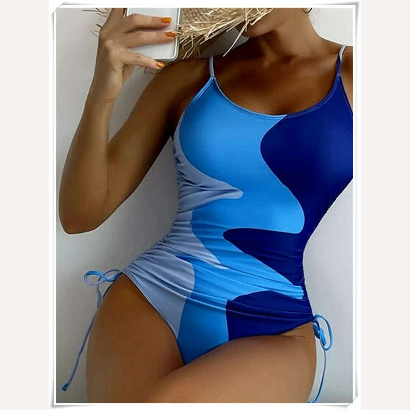 KIMLUD, Straped Swimsuit 2023 Women Drawstring One Piece Swimwear Female Triangle Beachwear Bathers Color Block Bathing Suit Bodysuit, KIMLUD Womens Clothes