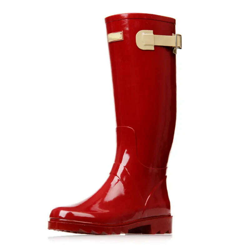 KIMLUD, Street Style Rain Boots Women European/American Locomotive Rain Shoes High Tube Ladies Water Shoes Women Fashion Red Rain Boots, Red / 34, KIMLUD APPAREL - Womens Clothes