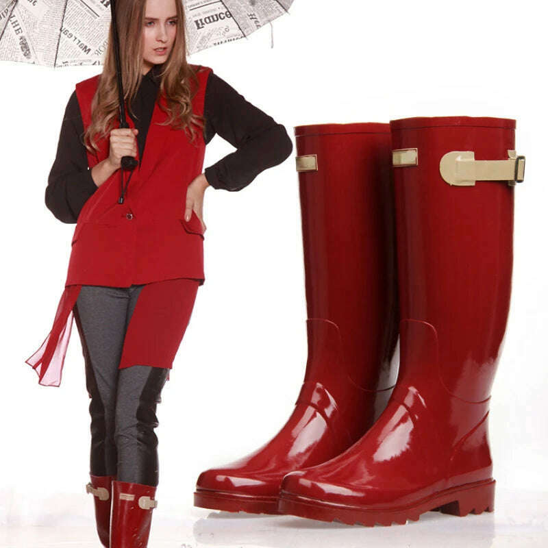 KIMLUD, Street Style Rain Boots Women European/American Locomotive Rain Shoes High Tube Ladies Water Shoes Women Fashion Red Rain Boots, KIMLUD Womens Clothes