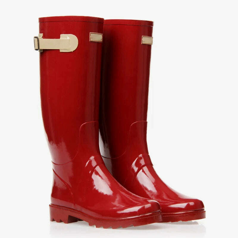 KIMLUD, Street Style Rain Boots Women European/American Locomotive Rain Shoes High Tube Ladies Water Shoes Women Fashion Red Rain Boots, KIMLUD Womens Clothes