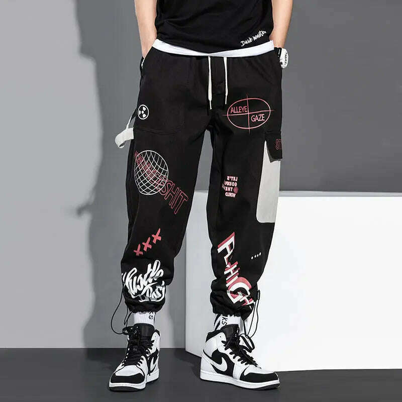 KIMLUD, Streetwear Men Joggers Sweatpants Print Black White Cargo Pants Techwear Harem Pants Ankle length Trousers Sport Casual Running, KIMLUD Womens Clothes