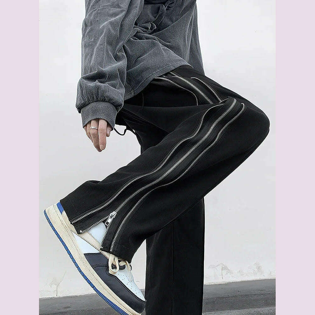 Streetwear Side Split Zipper Loose Casual Straight Pants Men Outdoor Y2k Black Parachute Long Trousers 2023 New - KIMLUD