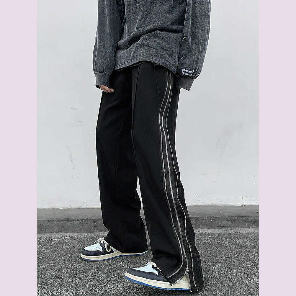 KIMLUD, Streetwear Side Split Zipper Loose Casual Straight Pants Men Outdoor Y2k Black Parachute Long Trousers 2023 New, KIMLUD Womens Clothes