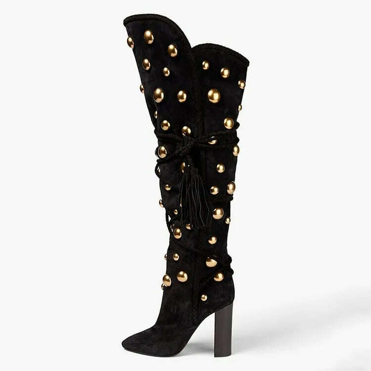 KIMLUD, Studs Knee Boots Black Pointed Toe Velvet Shoes Women's Chunky Heel Tassel Fringe Metal Ball Cool Girl Punk Women Winter Boots, black / 36 / CHINA, KIMLUD APPAREL - Womens Clothes