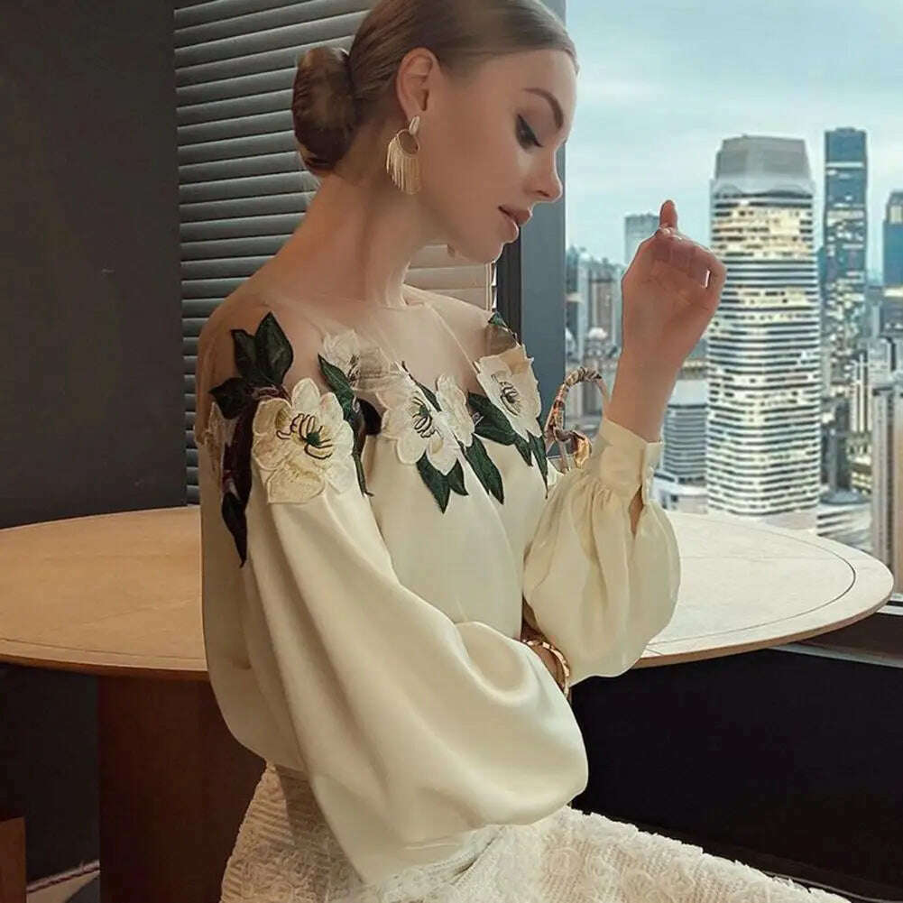 KIMLUD, Stylish Long Sleeve Blouse Stylish Women's Satin Embroidered Gauze Shirt Breathable Comfortable Elegant Lady's Top Polyester, KIMLUD Womens Clothes