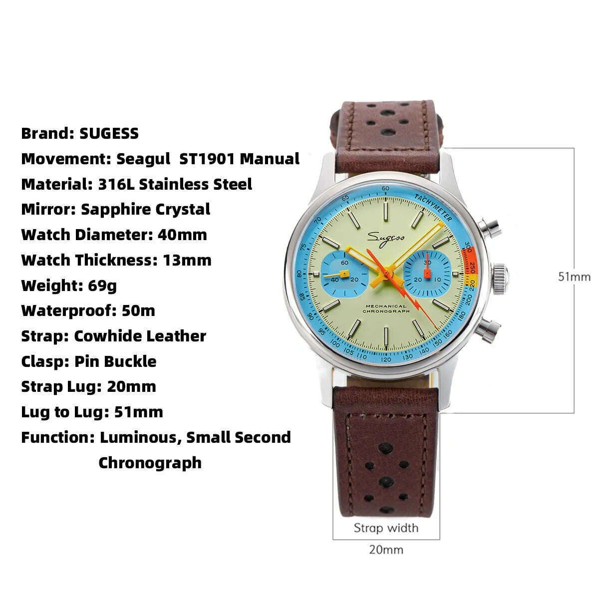 KIMLUD, Sugess 1963 Pilot Watch Mens Chronograph Mechanical Wristwatches Original ST1901 Swanneck Movement Sapphire Crystal Racing 2022, KIMLUD Womens Clothes