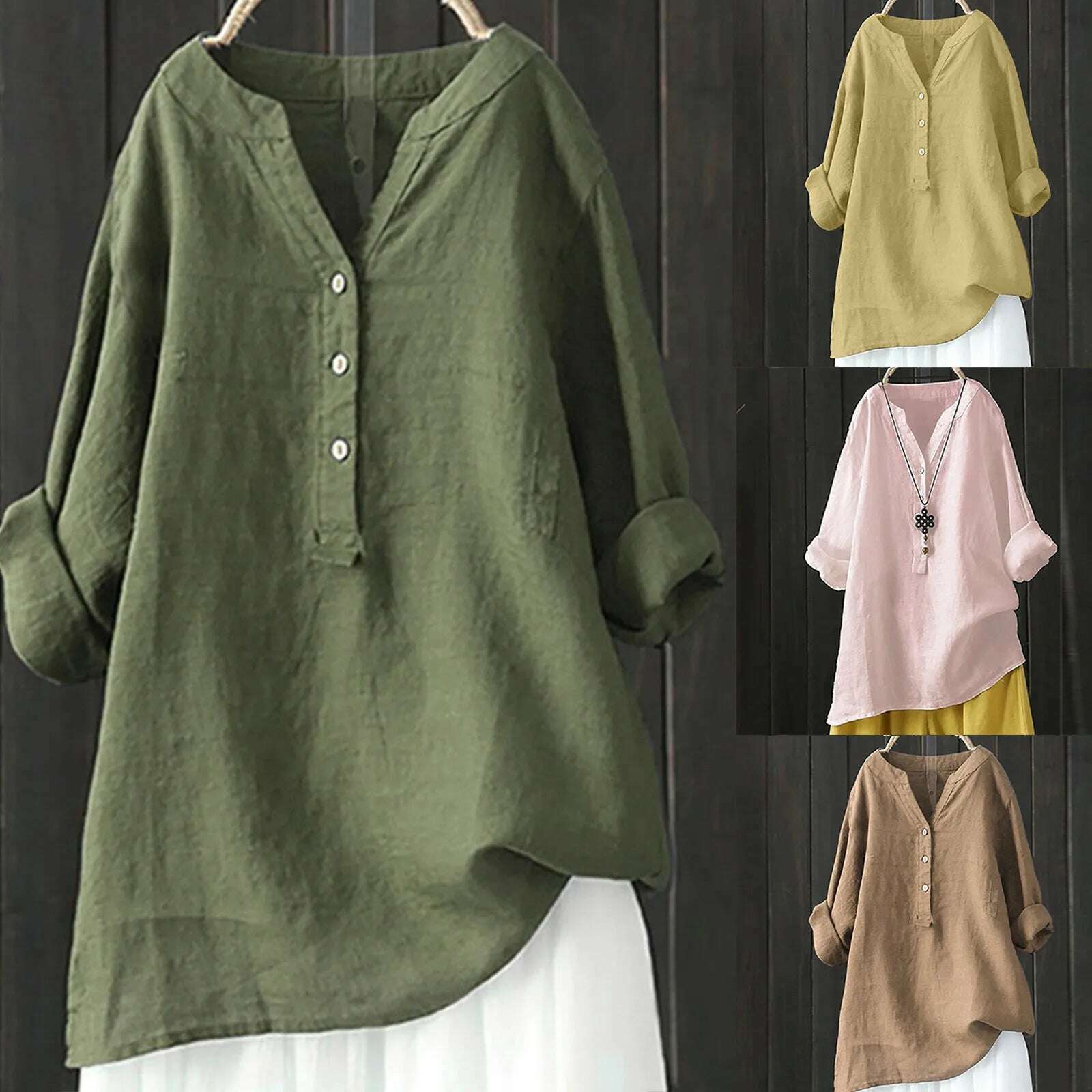 KIMLUD, Summer 2024 Casual Loose Cotton Linen Blouse Plus Size 5XL Shirt Women Long Sleeved Oversize Blouse Vintage Loose Blusas, KIMLUD Womens Clothes