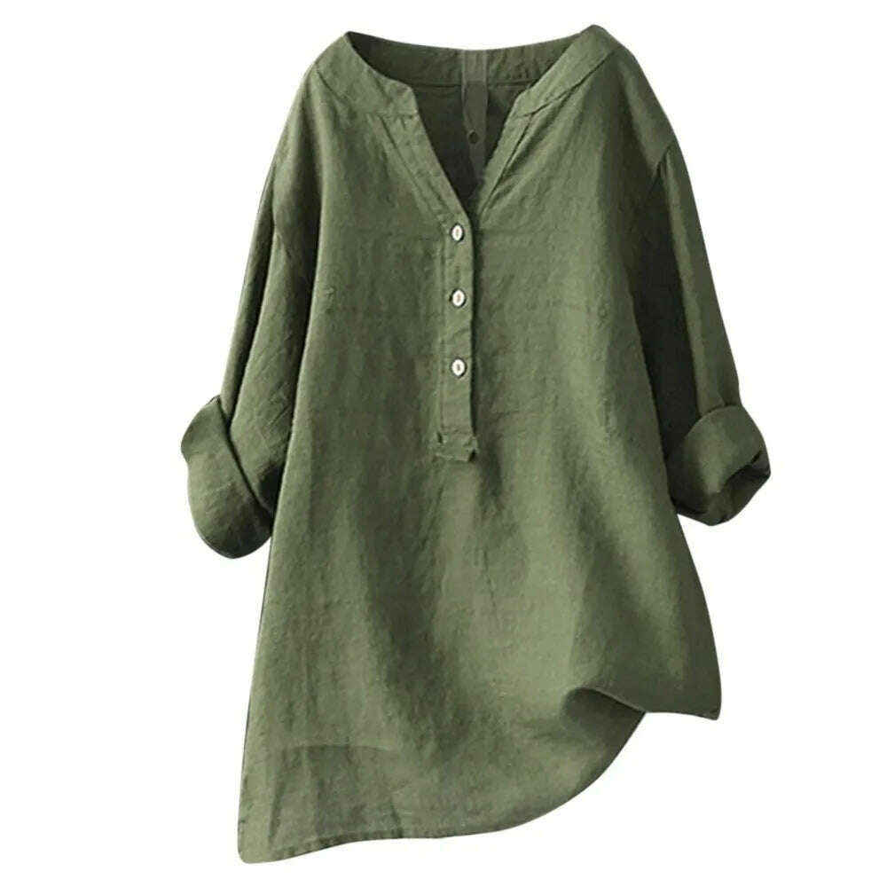 KIMLUD, Summer 2024 Casual Loose Cotton Linen Blouse Plus Size 5XL Shirt Women Long Sleeved Oversize Blouse Vintage Loose Blusas, Green / XXXXXL, KIMLUD APPAREL - Womens Clothes