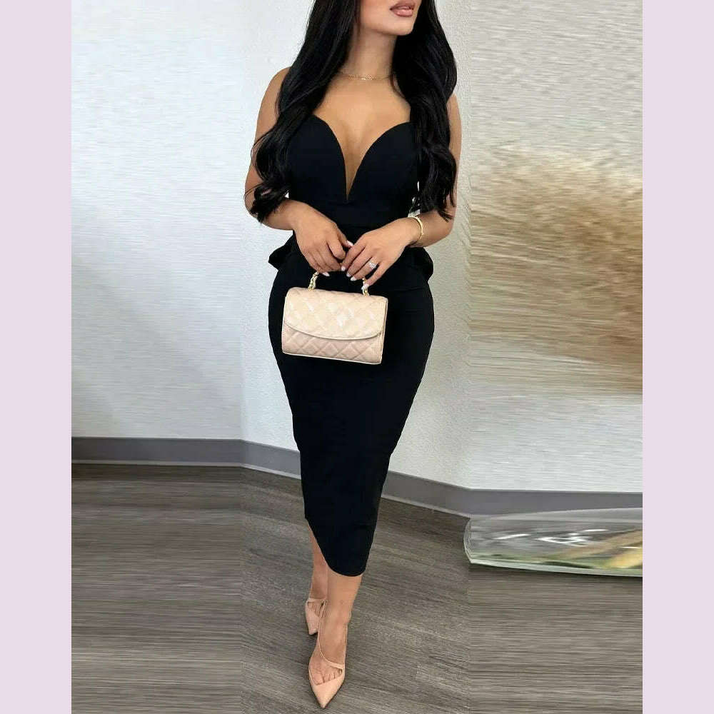 Summer 2024 Vestidos Sexy Party Dresses Women Plunging V-neck Sleeveless Backless Bowknot Ruffles Back Bodycon Midi Dress - KIMLUD