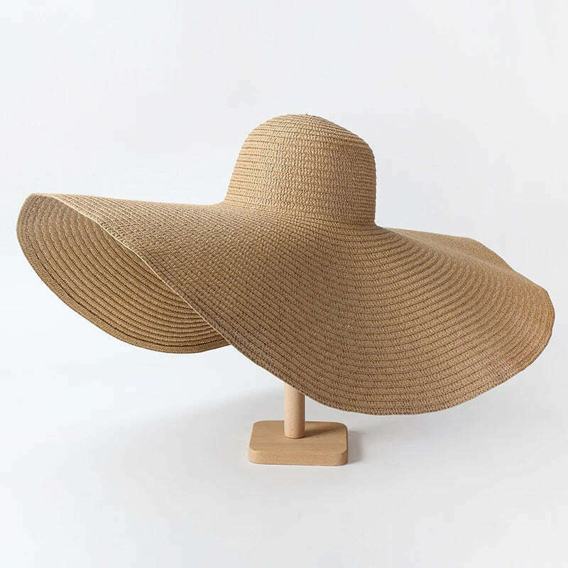 KIMLUD, Summer 70cm Large Wide Brim Sun Hats For Women Oversized Beach Hat Foldable Travel Straw Hat Lady UV Protection Sun Shade Hat, khaki / 54-57cm, KIMLUD APPAREL - Womens Clothes