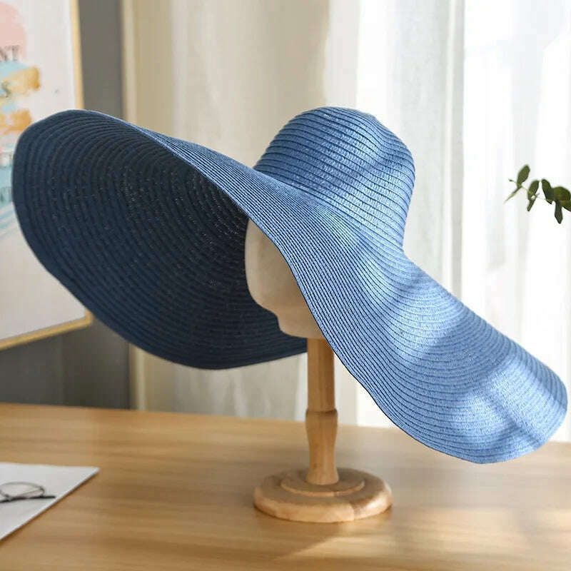 KIMLUD, Summer 70cm Large Wide Brim Sun Hats For Women Oversized Beach Hat Foldable Travel Straw Hat Lady UV Protection Sun Shade Hat, Denim Blue / 54-57cm, KIMLUD APPAREL - Womens Clothes