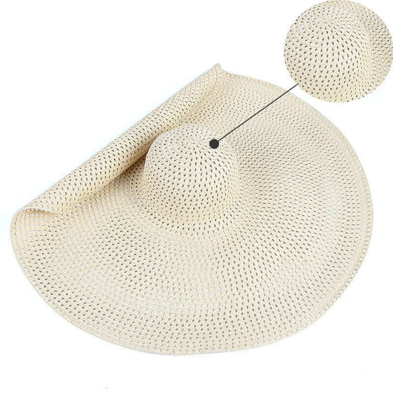 KIMLUD, Summer 70cm Large Wide Brim Sun Hats For Women Oversized Beach Hat Foldable Travel Straw Hat Lady UV Protection Sun Shade Hat, hollow beige / 54-57cm, KIMLUD APPAREL - Womens Clothes