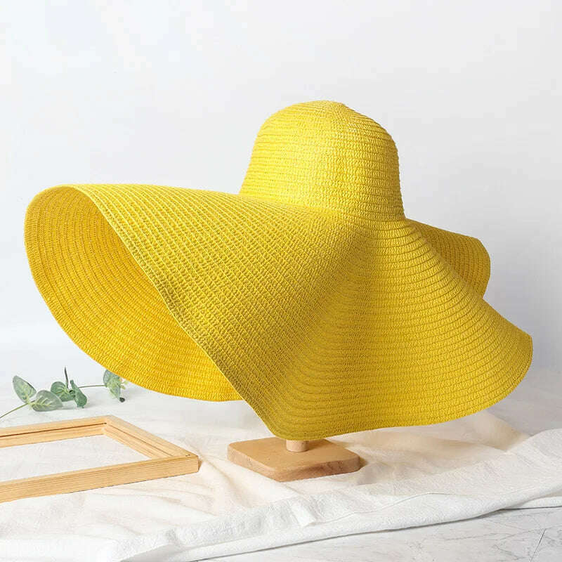 KIMLUD, Summer 70cm Large Wide Brim Sun Hats For Women Oversized Beach Hat Foldable Travel Straw Hat Lady UV Protection Sun Shade Hat, yellow / 54-57cm, KIMLUD APPAREL - Womens Clothes