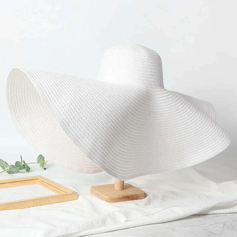 KIMLUD, Summer 70cm Large Wide Brim Sun Hats For Women Oversized Beach Hat Foldable Travel Straw Hat Lady UV Protection Sun Shade Hat, white / 54-57cm, KIMLUD APPAREL - Womens Clothes