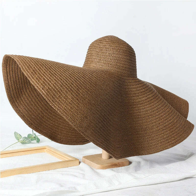 KIMLUD, Summer 70cm Large Wide Brim Sun Hats For Women Oversized Beach Hat Foldable Travel Straw Hat Lady UV Protection Sun Shade Hat, Brown / 54-57cm, KIMLUD APPAREL - Womens Clothes